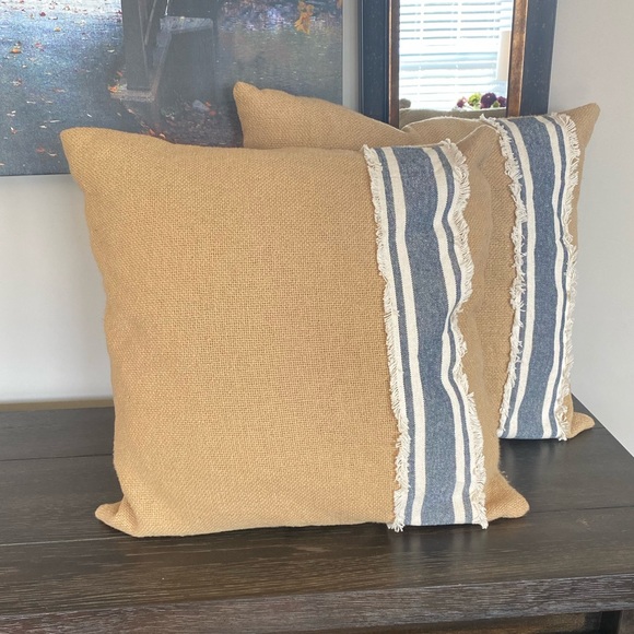 unknown Other - 2 Burlap Farmhouse Blue Stripe Throw Pillows